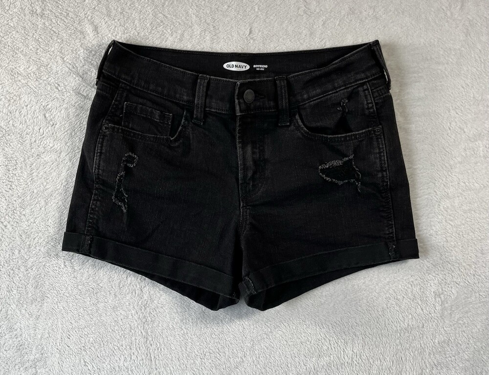 Old Navy Shorts Women’s 2 Boyfriend Mid Rise Mid Denim Cuffed Distressed Black
